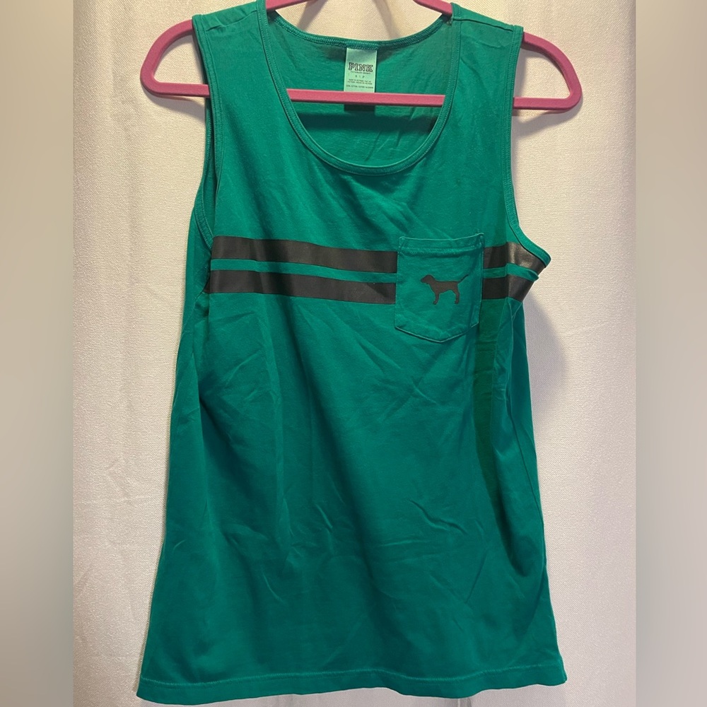 PINK Victoria’s Secret Tank Top Stripes Puppy Green and Black